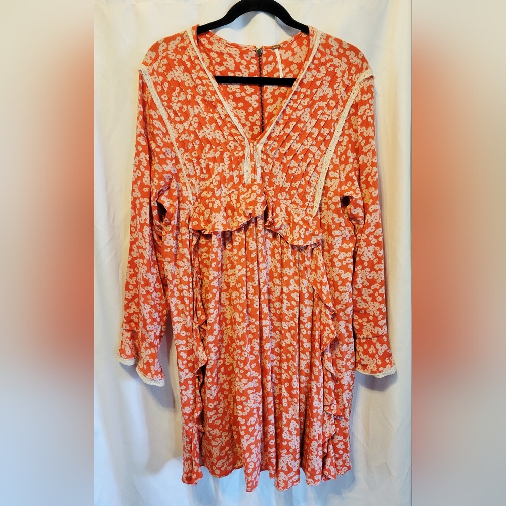 FREE PEOPLE Orange Floral Ruffle Dress Size Large - Picture 5 of 7